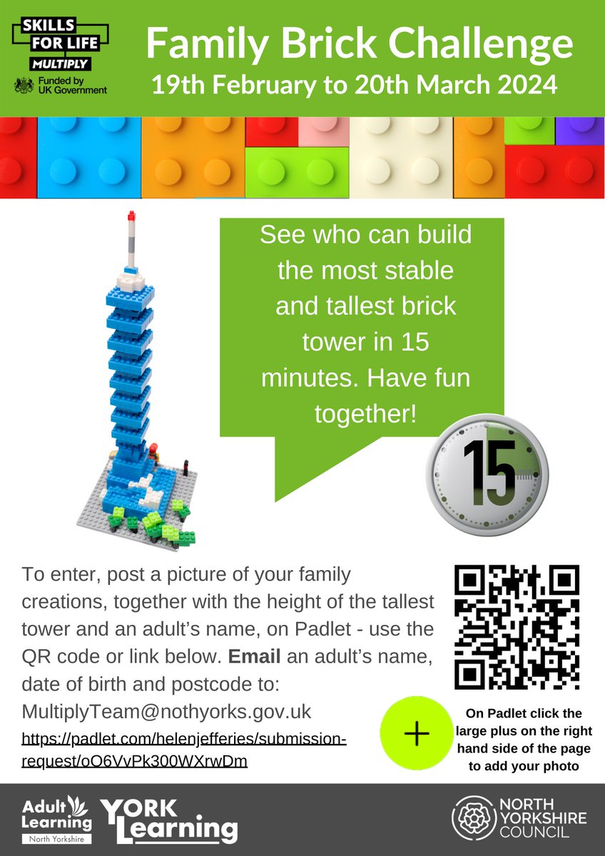 multiplynyorks's tweet image. Ready to reach new heights?

Join forces with York Learning and North Yorkshire Council as we dare you and your family to construct the tallest tower in just 15 minutes! 🏗️

The reward? An Amazon voucher awaits the most towering achievement.

#TowerChallenge