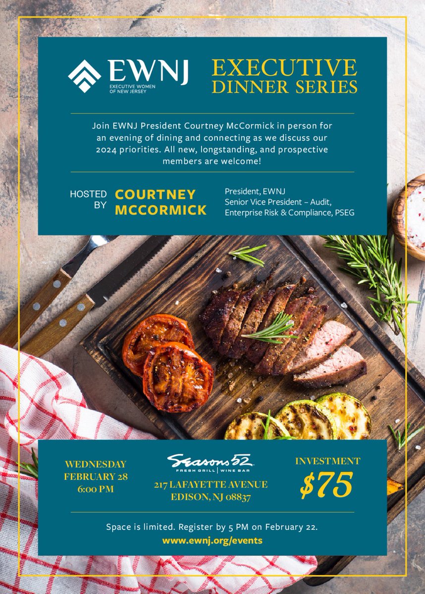 ExecWomenNJ's tweet photo. Please join us for our first installation of the Executive Dinner Series. EWNJ President, Courtney McCormick, extends a special invitation to new members to come learn more about how to get involved with our organization !

https://t.co/mjVloLgJ5h https://t.co/aaRl0eSNHi