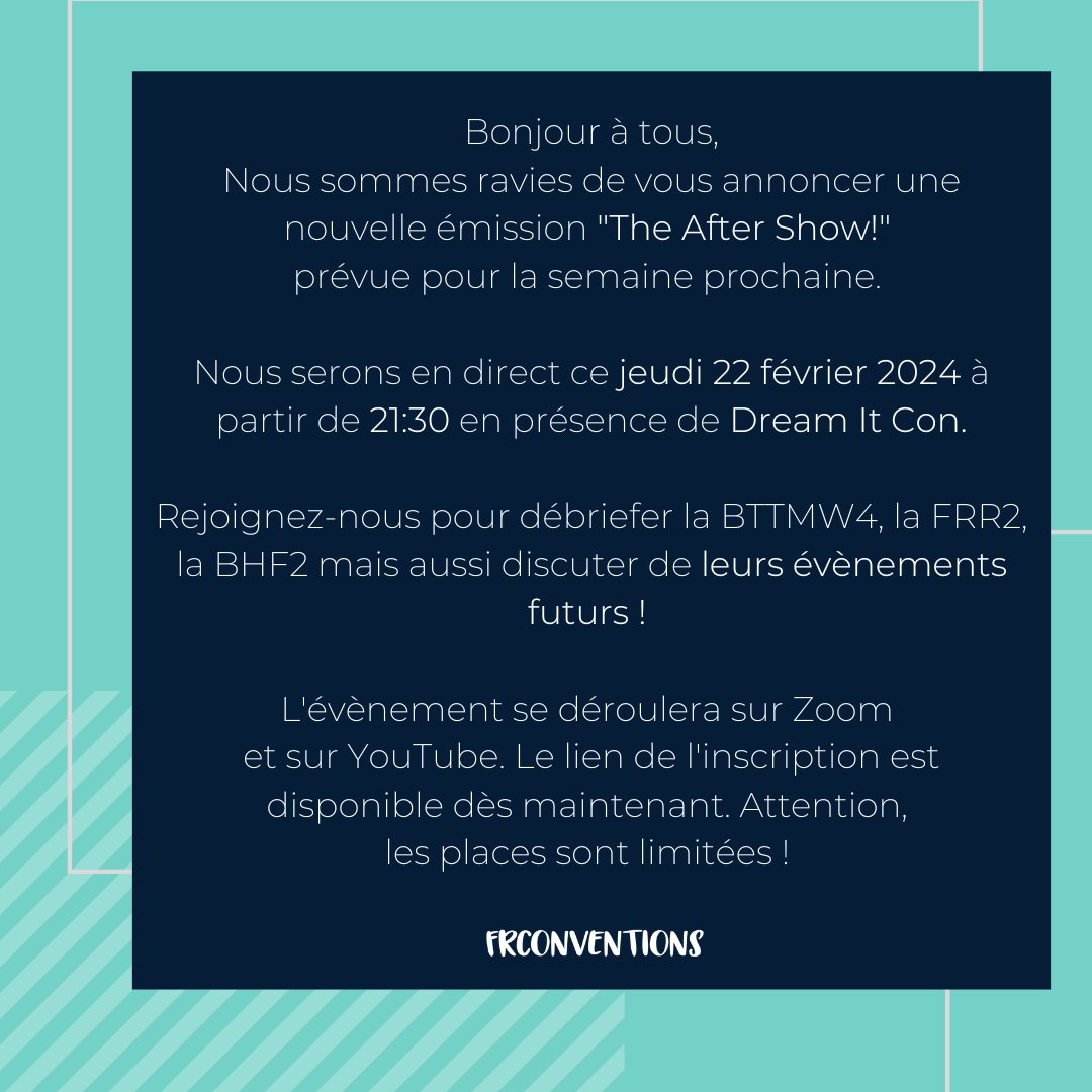 FrConventions's tweet photo. 🩵 On se retrouve jeudi à 21h30 aux côtés de @DreamitCon pour débriefer la #BTTMW4, la #FRR2, la #BHF2 et faire le point sur leurs prochains événements. 👉 Inscription : https://t.co/JGapDZgkKP https://t.co/bVxhKcJYrr