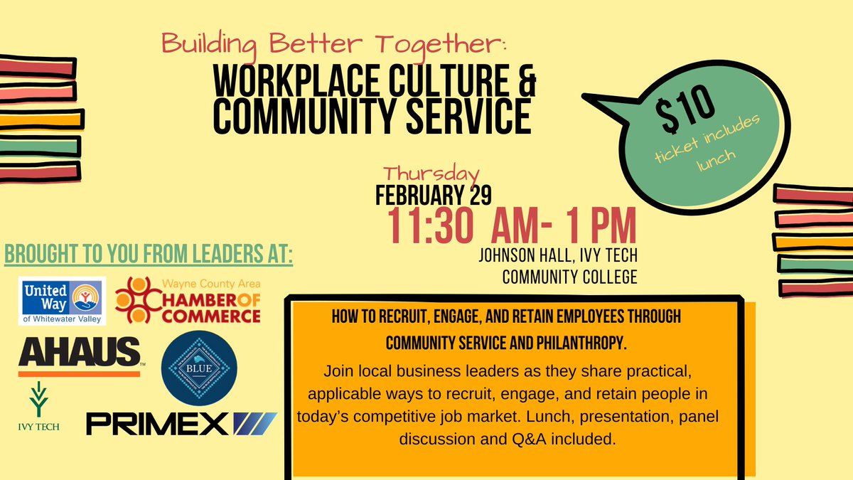 Want to learn more on how to recruit, engage, and retain employees? Want to know how to do it through community service and philanthropy? Join Us on February 29th for an Employee Engagement Luncheon provided by the leaders above 👆