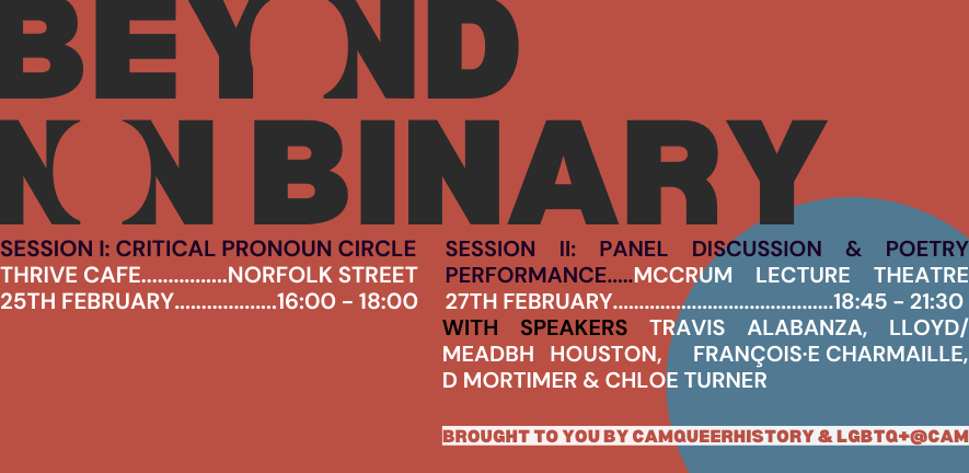 It's nearly time for BEYOND NON-BINARY! Starting with a 'critical pronoun circle' (promises to be great fun) on the 25th, and concluding with some VERY EXCITING NAMES at the panel discussion on the 27th... Booking info for both sessions here: lgbtq.sociology.cam.ac.uk/events/beyond-…