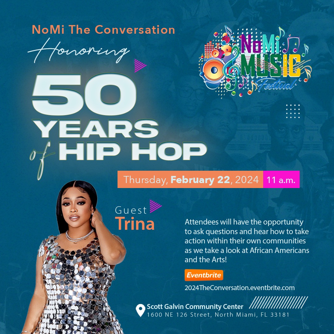 Join me Thursday for a conversation with Miami's own: @TRINArockstarr! We'll be reflecting on 50 Years of Hip Hop. @NoMiMusicFestival #Get2NoMi