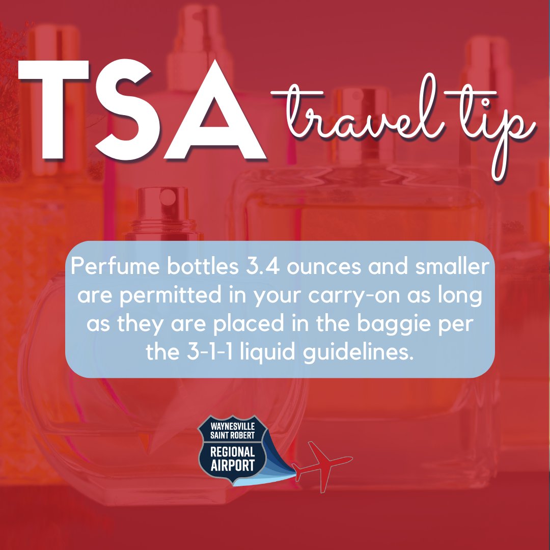 WSRAirport's tweet photo. If you're flying to visit your #Valentine and gifting them perfume or cologne, make sure these liquids abide by the #TSA 3-1-1 liquid rule, and then pack the item accordingly.
#FlyFLW #FLWRegion #WSRA #IFlyContour #TipTuesday https://t.co/LUGHxLhKpV