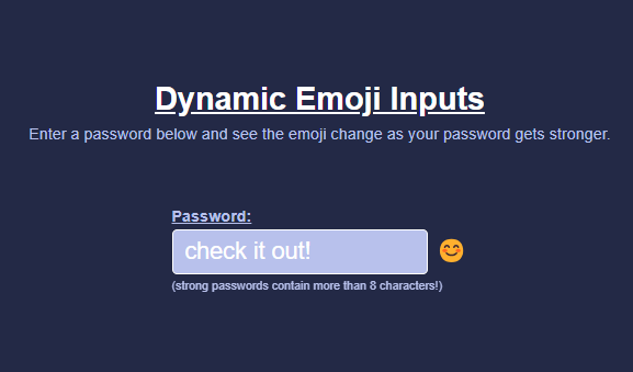 captaindrmorgan's tweet photo. A #react @CodePen of an input using dynamic emojis for some light-hearted feedback.  

https://t.co/SxAY9jof2D

#codepen #js #webdev #code https://t.co/M36W5okLgQ