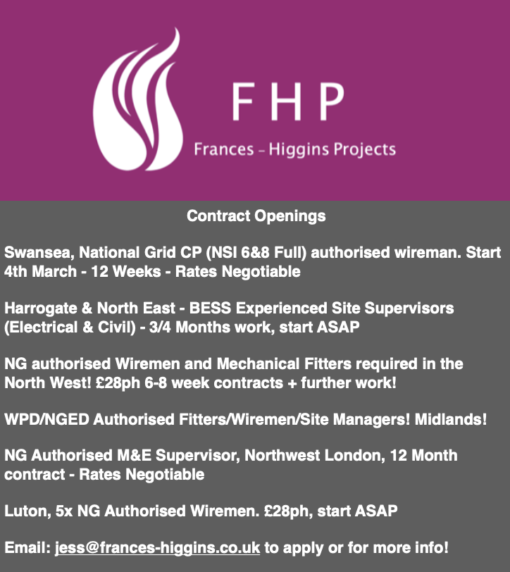 FrancesLtd's tweet photo. Please see below our current requirements!
Email: jess@frances-higgins.co.uk to apply or arrange a call back. 
Thank you!
#hv #substation #work #nationalgrid #mechanical #electrical#batterystorage https://t.co/MCkQQr8ORJ