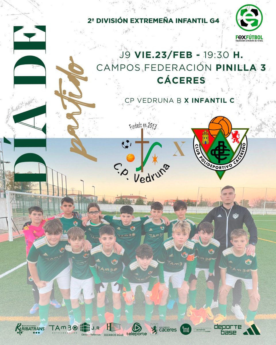 2ª DIVISIÓ. EXTREM. INFANTIL G4 |
INFANTIL  C |

¡Hoy es Día de Partido!

🏆 Partido Aplazado

⚽ Jornada 9

🆚 <a href="/CPVedruna/">CP Vedruna</a> B
📆 23-02-2024
⌚ 19:30 Horas 
🏟 Campos Federación Pinilla 3
📍 Cáceres