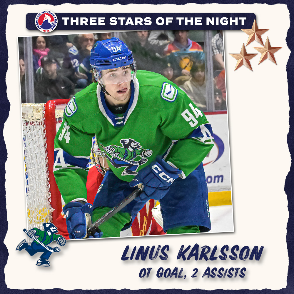 Monday’s AHL Three Stars of the Night ⤵️

⭐️ Devon Levi <a href="/AmerksHockey/">Rochester Americans</a> 
⭐️⭐️ Hendrix Lapierre <a href="/TheHersheyBears/">Hershey Bears</a>     
⭐️⭐️⭐️ Linus Karlsson <a href="/abbycanucks/">Abbotsford Canucks</a>