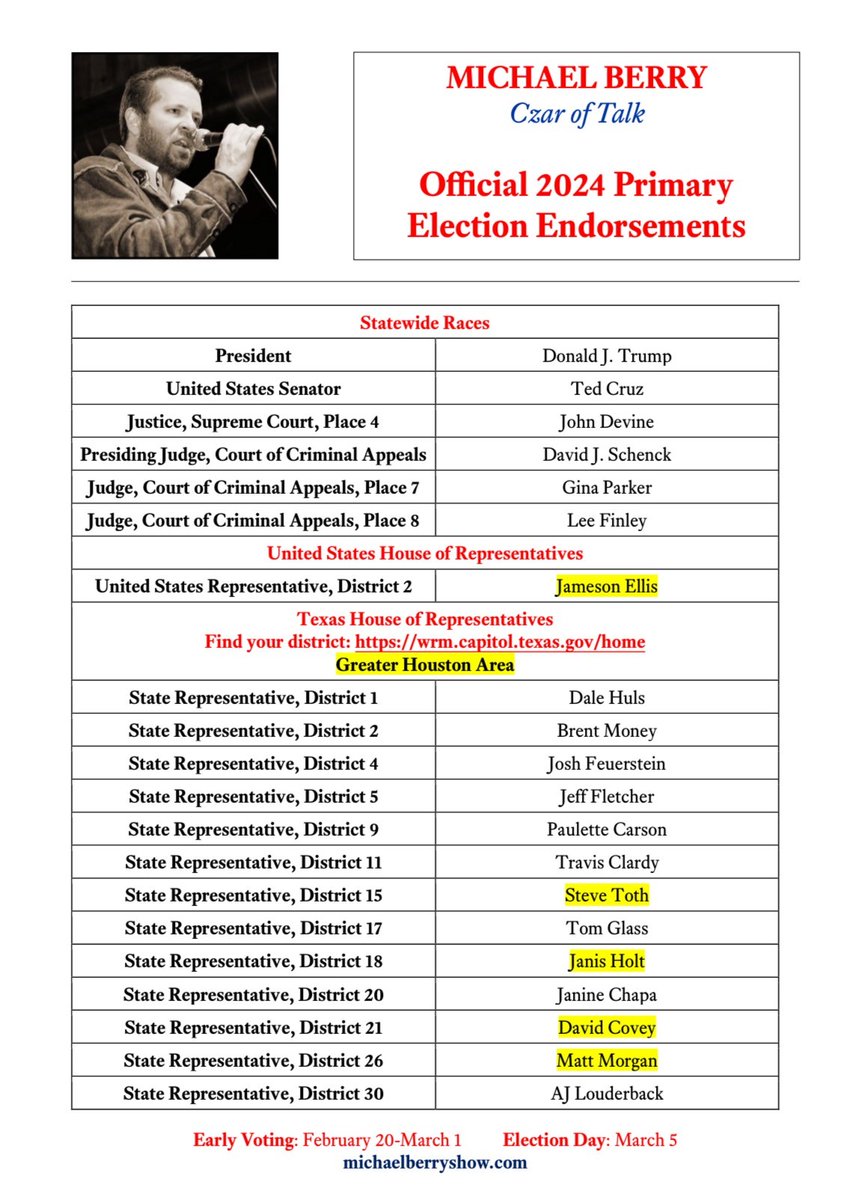 MichaelBerrySho's tweet photo. My endorsements for the Republican primary in Texas.  Early voting today through March 1, election day March 5.  Polls open 7a-7p.  Please spread the word and share. https://t.co/WjrzmmLIkF