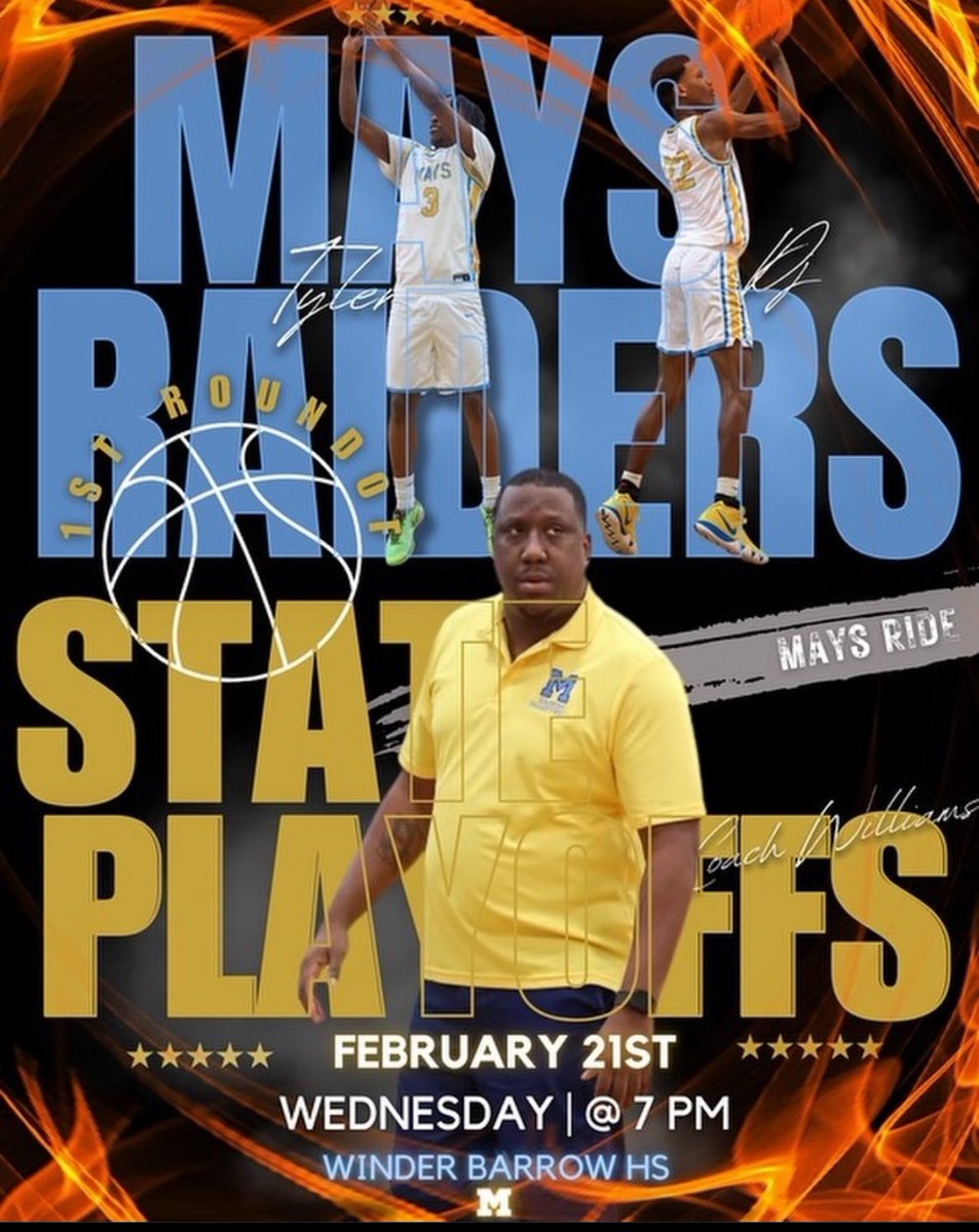 Ride with the Raiders @Maysboysbball to Winder Barrow High School for the 1st Round of the State Playoffs, Wednesday, February 21st, at 7pm. 🏀🩵💛 @BEMaysPRIDE @Ms_LMorgan @mays_cheer @MaysAthletics @APSAthletics70 @MsReedtheAP