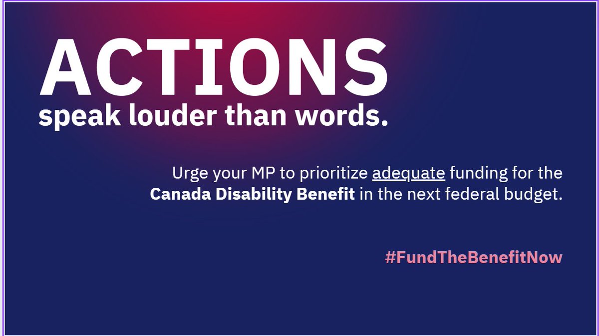 🤝 ACTIONS SPEAK LOUDER THAN WORDS 🤝
People with disabilities need your help. They need & deserve a liveable income. 
Urge your MP to prioritize adequate funding for the CDB in the next federal budget. ‼️

✏️ Sign the petition:  leadnow.ca/fund-cdb-petit…

#FundTheBenefitNow