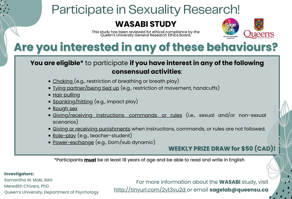 Dr. Meredith L. Chivers (@drmlchivers) on Twitter photo New <a href="/QSageLab/">SageLab</a> study recruiting adults (18+) of all genders for an online sexuality study! Prize draws available. Visit tinyurl.com/2yt3vu2d or contact sagelab@queensu.ca for more details. <a href="/samantha_mmaki/">Samantha M. Maki 🏳️🌈</a> New <a href="/QSageLab/">SageLab</a> study recruiting adults (18+) of all genders for an online sexuality study! Prize draws available. Visit tinyurl.com/2yt3vu2d or contact sagelab@queensu.ca for more details. <a href="/samantha_mmaki/">Samantha M. Maki 🏳️🌈</a>