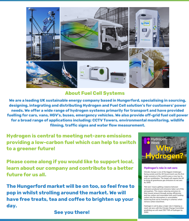 Hydrogen Week is back in 2024!

When: 28 February 2024

Time: 8:30am - 14:30pm (to pop in and chat)

         9am, 10am, 11am - 15 min presentations on Fuel Cell Systems and our Hydrogen and DMFC Technologies

Where: The Magistrates Room, Hungerford Town Hall