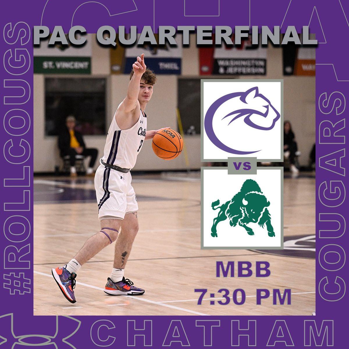 ChathamCougar's tweet image. Men’s Basketball’s title defense begins tonight as they welcome the Bison to The Den for the Quarterfinals 😈

🏀: vs. Bethany
📍: AFC
🕐:  7:30 PM

#RollCougs #d3hoops