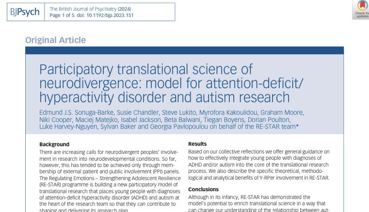 Proud to share RE-STAR’s first paper, just out online in @TheBJPsych, setting out RE-STAR’s participatory framework for the translational science of neurodivergence. Written with members of our Youth Researcher Panel.@JoPavlopoulou @lizardmandrb cambridge.org/core/journals/…