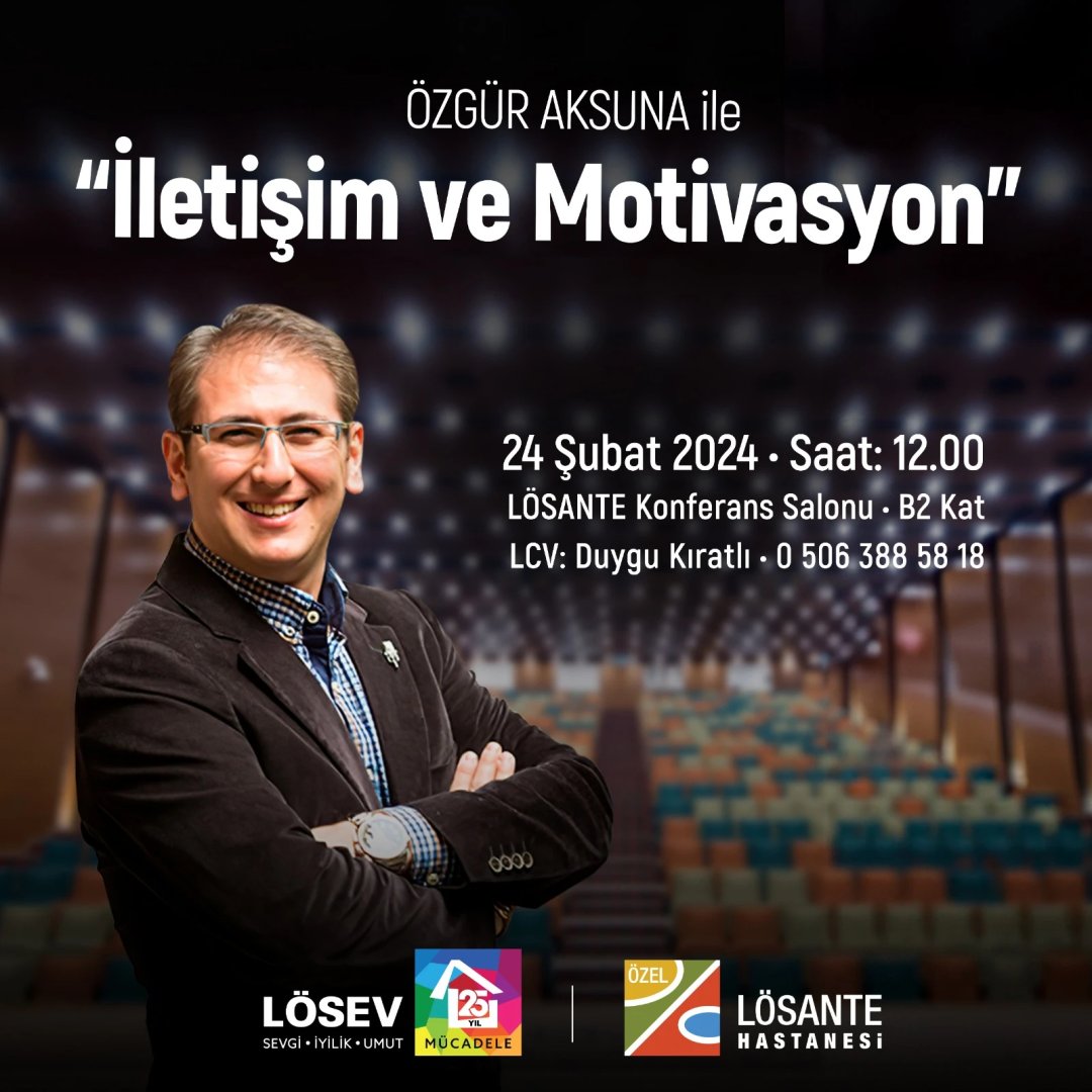 LÖSEV Seminerleri hız kesmeden devam ediyor. Gelişim ve Değişim Akademisi kurucusu @ozguraksuna 'İletişim ve Motivasyon' konulu şahane bir eğitimle LÖSEV gönüllüleriyle buluşuyor🥰 📆 24 Şubat, 12.00 📍 LÖSANTE Konferans Salonu 🔗 bit.ly/HemenKayıtOl