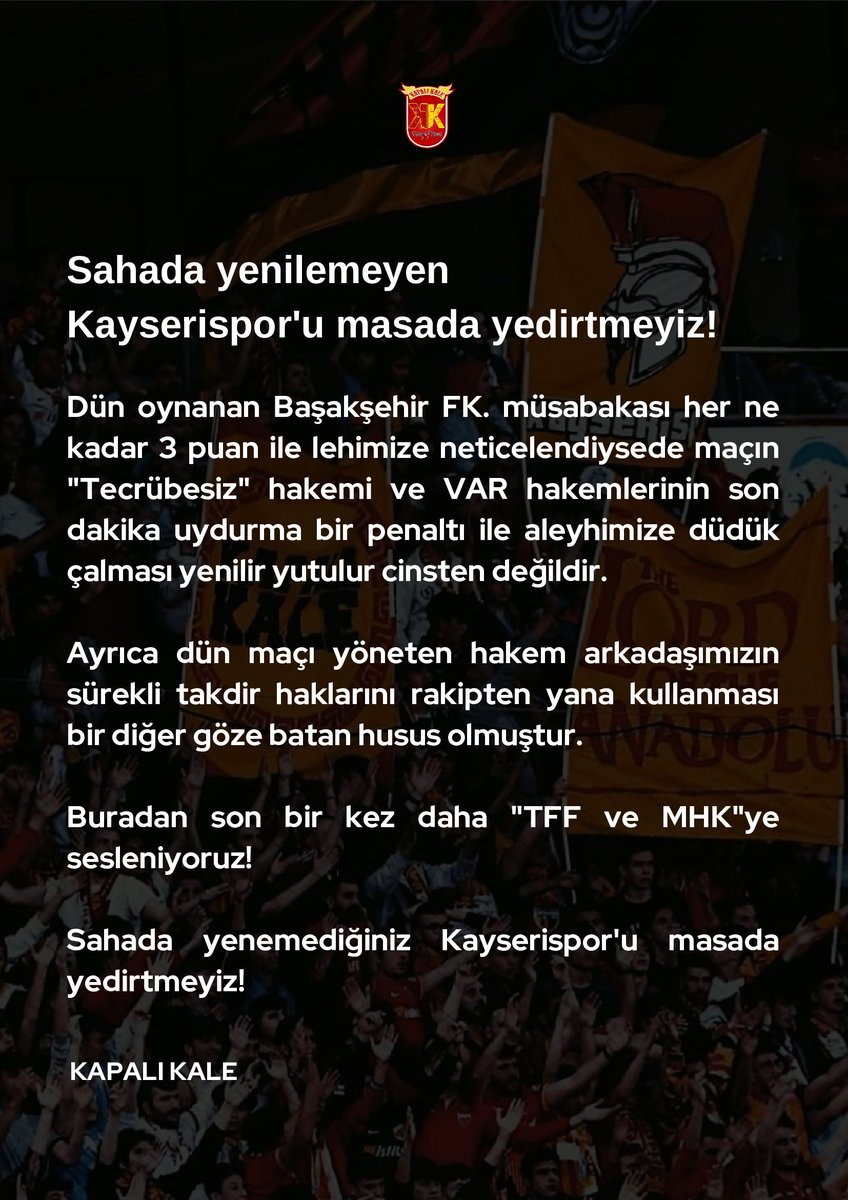 TFF ve MHK'ye bir kez daha sesleniyoruz!  

Sahada yenemediğiniz Kayserispor'u masada yedirtmeyiz!  <a href="/TFF_Org/">TFF</a>

#KapalıKale | #Kayserispor