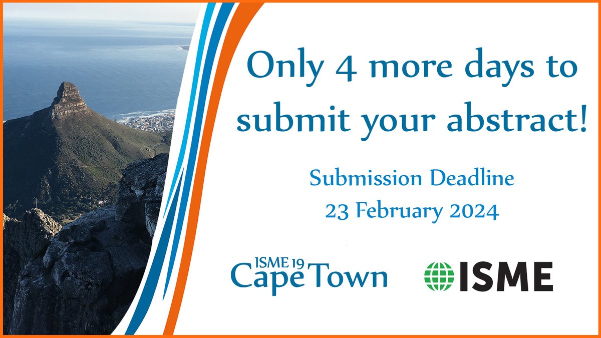 Don't forget to submit your abstract by 23 February to ensure that your research is included in the scientific program of the #ISME19. We hope to see you in Cape Town, South Africa from 18-23 August 2024!
isme19.isme-microbes.org/isme19-abstrac…

#microbialecologist #isme19 #microbiology #ecology