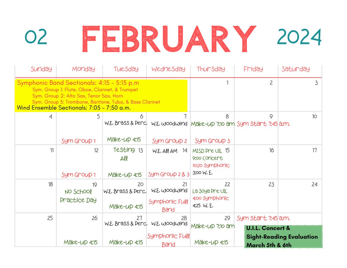 Fossumband's tweet photo. Here is an updated calendar for the end of February.  Two weeks until UIL! https://t.co/azo9OPKdwa