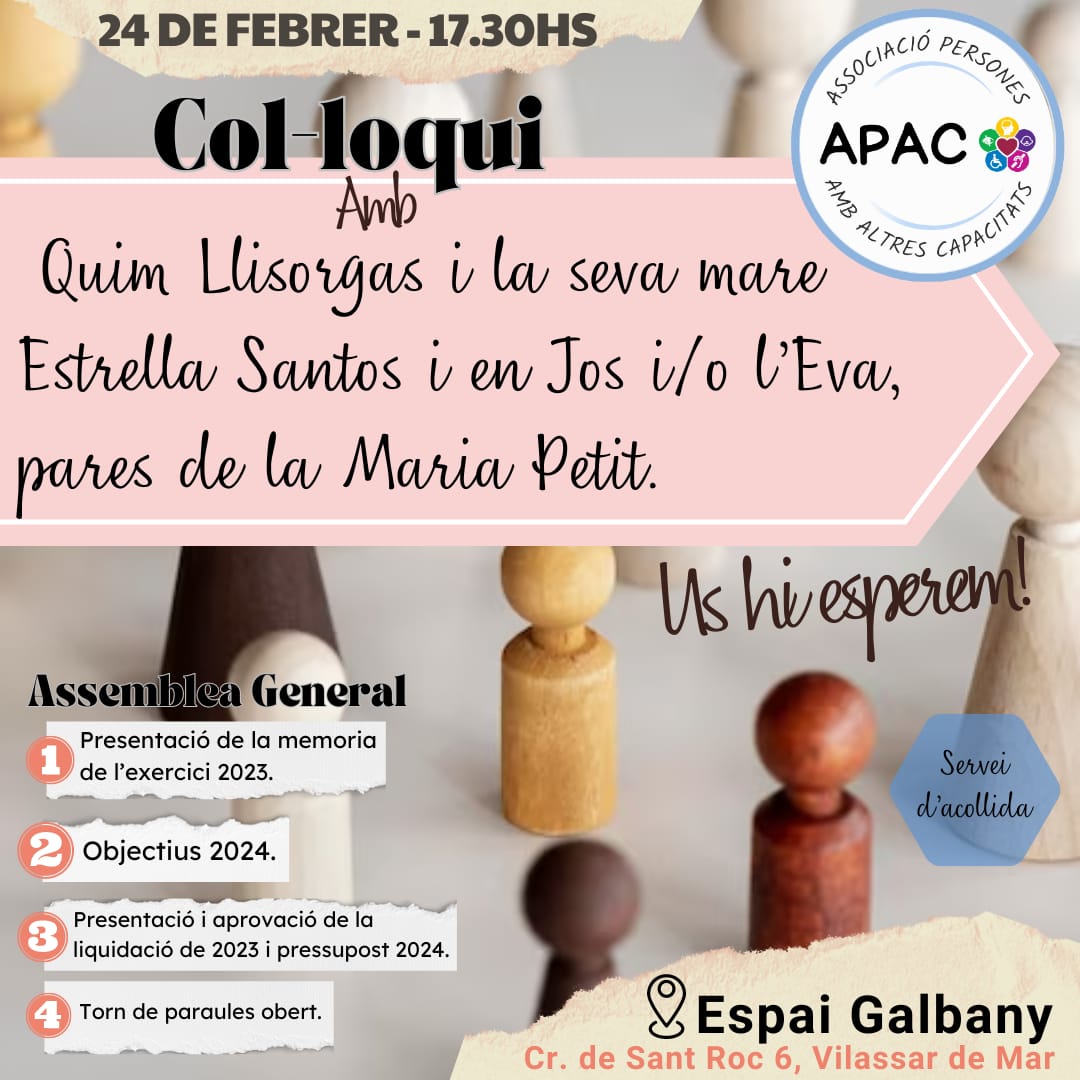 📅 Dissabte 24 de febrer a les 17.30hores
Col·loqui de luxe amb grans referents, l'actor <a href="/albertiquim/">quim llisorgas</a> i la seva mare Estrella i els pares de <a href="/mariapetitv/">Maria Petit</a> .
Tot seguit assemblea general. No us ho perdeu!