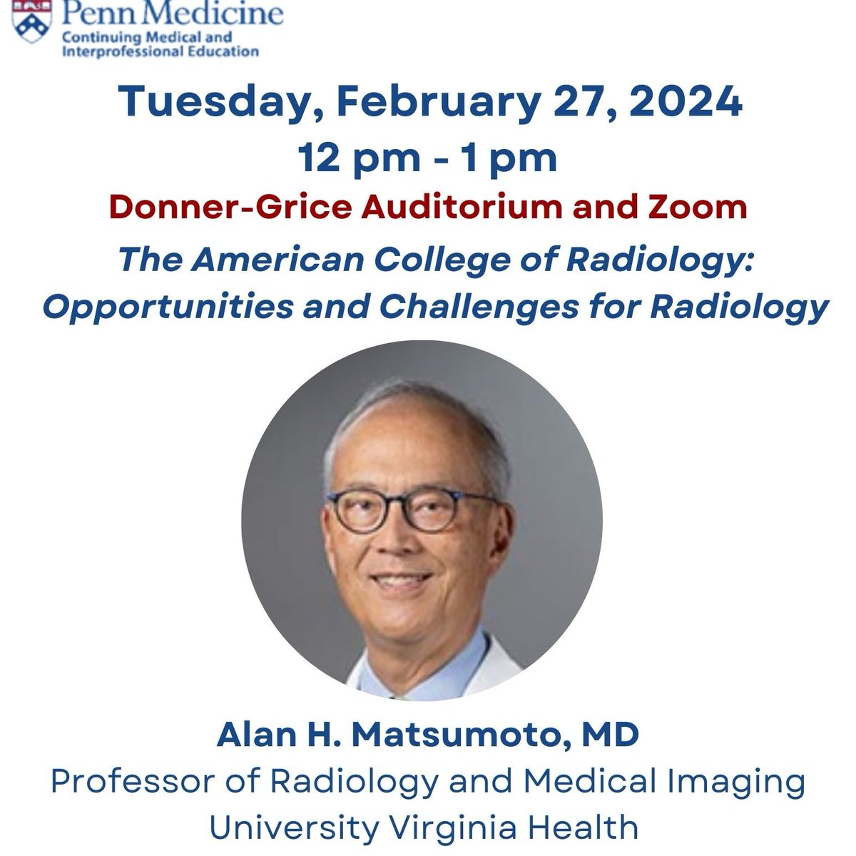 Check it out‼️ @AlanMatsumotoMD will be here next week presenting Radiology Grand Rounds. You won't want to miss this!