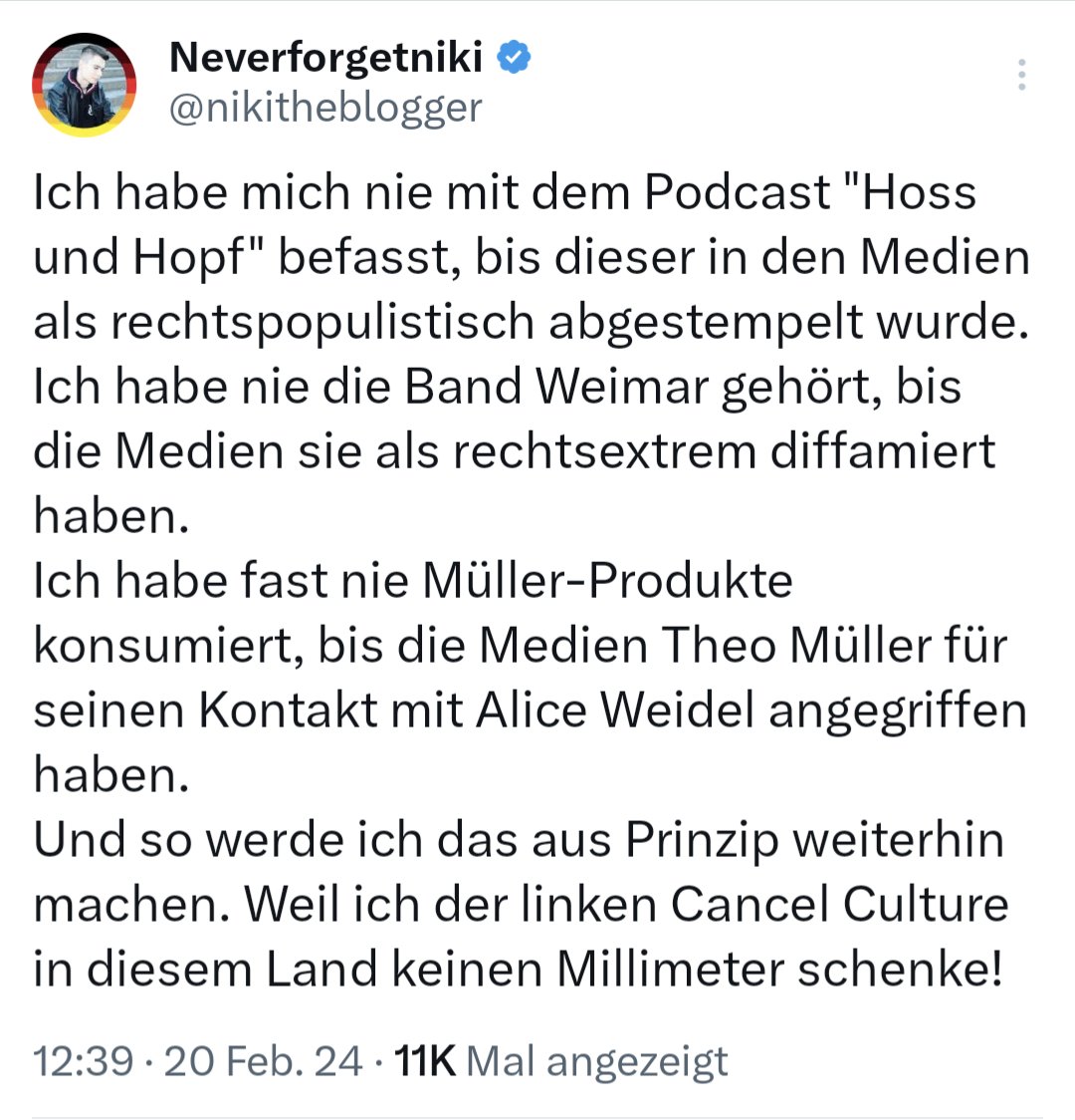 Du bist ja ein richtiger Couch-Revoluzzer, #NikiSchreibtKacki...

So wird das was, nur weiter so.

#Lotzloeffel #SchickiNiki
#LAUTgegenRechts #DeutschlandStehtAuf