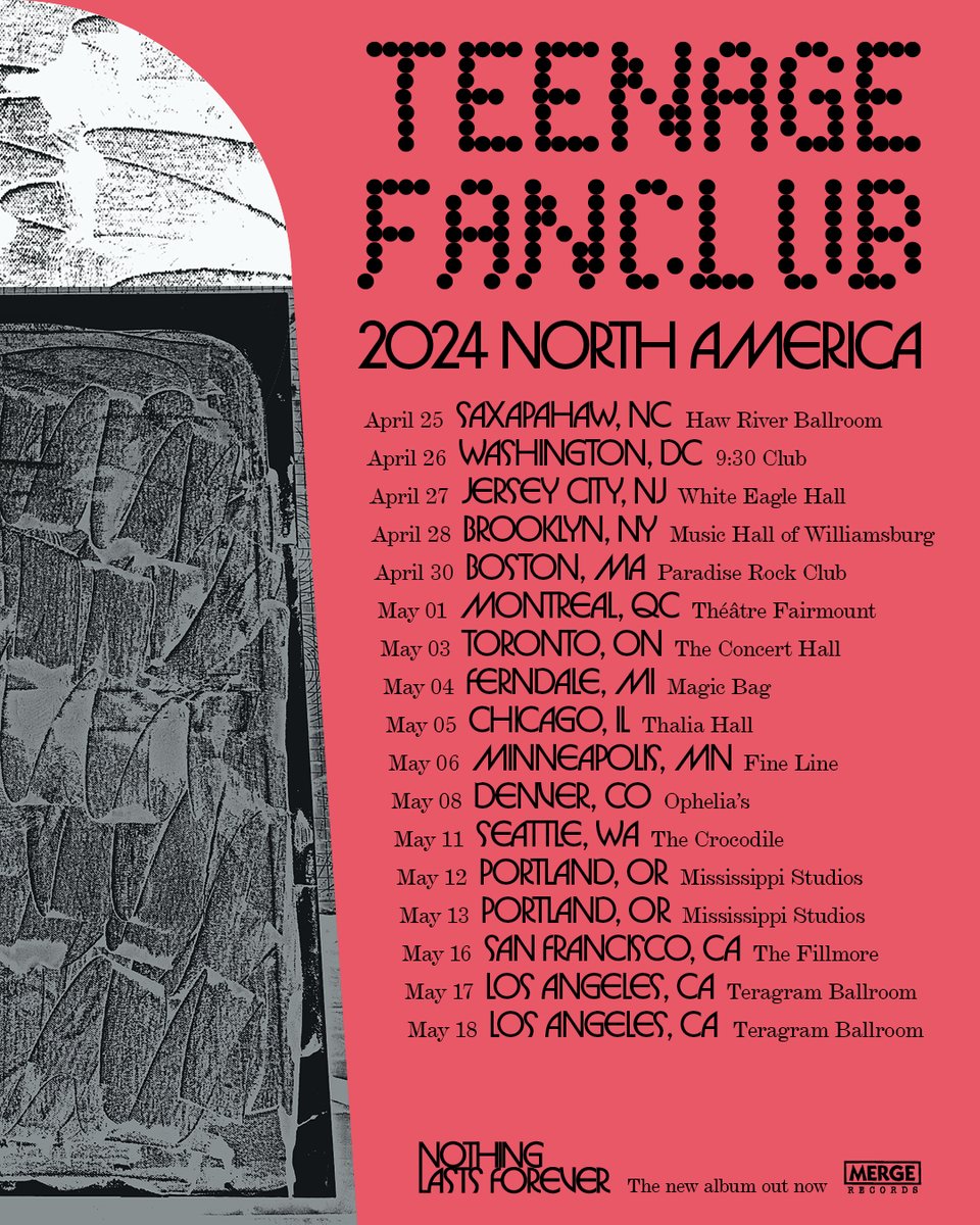 We're very pleased to announce that we'll be touring North America in April & May this year! Ticket presale begins tomorrow Feb 21st 10am local and ends Feb 23rd 9am local. Password for the presale is FOREVER. Tickets: teenagefanclub.com/live General onsale from Feb 23rd 10am.