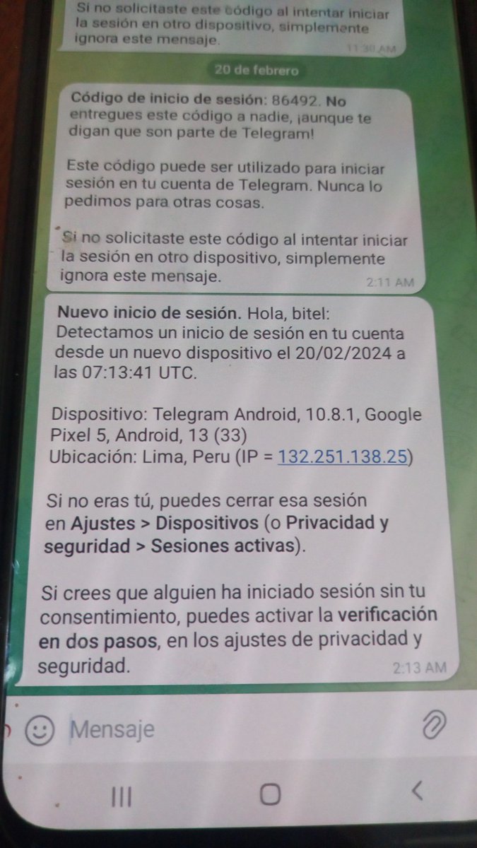 erli2004's tweet photo. @telegram_es Acaban de iniciar sesión en otro dispositivo enla madrugada sin mi permiso 😱. Ni siquiera respondí la llamada ni envié ningún mensaje. https://t.co/k0b3v8MKve