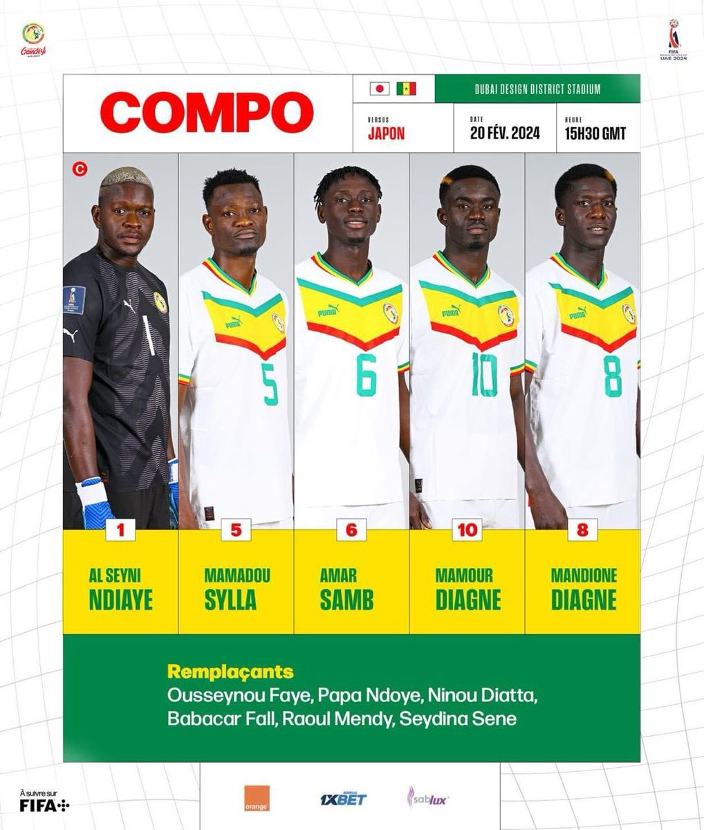 Dsports1_sn's tweet photo. 📋 𝙉𝙊𝙏𝙍𝙀 𝘾𝙊𝙈𝙋𝙊 | Composition du Sénégal contre le Japon. #JAPSEN  ⌚️ Coup d’envoi : 15h30 GMT 📺 En direct sur FIFA + | #WCBS2024

@Fsfofficielle 

#Dsports https://t.co/EEeRU0Yb5d