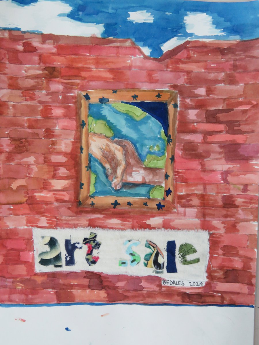 Not long until the  2024 Art Sale @BedalesSchool  in support of Hampshire's Rural Refugee Network and the John Badley Foundation Emergency Refugee Fund on Monday 4 March from 6-9pm.    
Art work by Block 2 pupil, Zana B-A