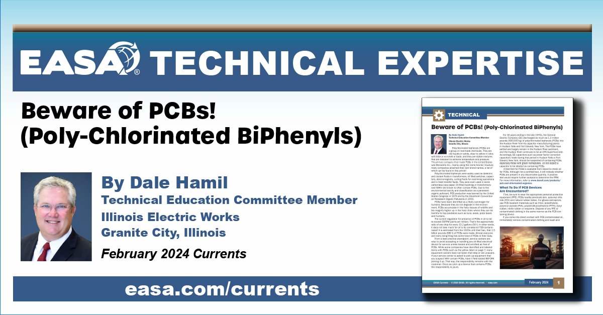 easahq's tweet image. Learn more about PCBs in the February edition of Currents. Are you an electromechanical professional who isn't an @easahq member? Visit easa.com/join to learn what you're missing out on. #TechnicalArticles #ContinuingEducation #Training #ElectricMotors