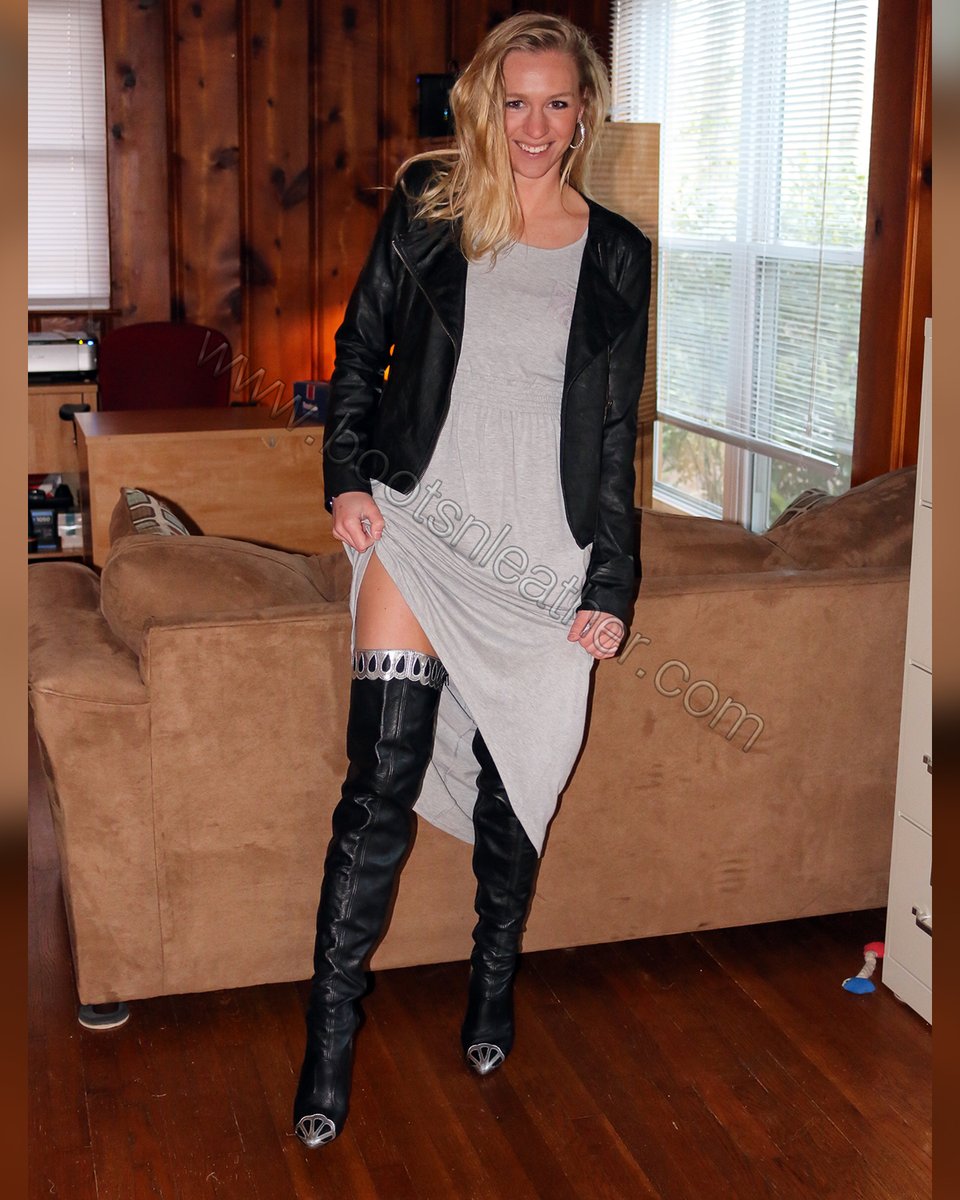 What you're looking at is the face of a gal (Tyler Grace) who is rocking #thighhighboots for the very first time! It's a rare find but does happen. She saw these LSB Berger boots and loved the silver trim on them and thought, 'Yeah, these are it!' #boots #leather #bootsnleather