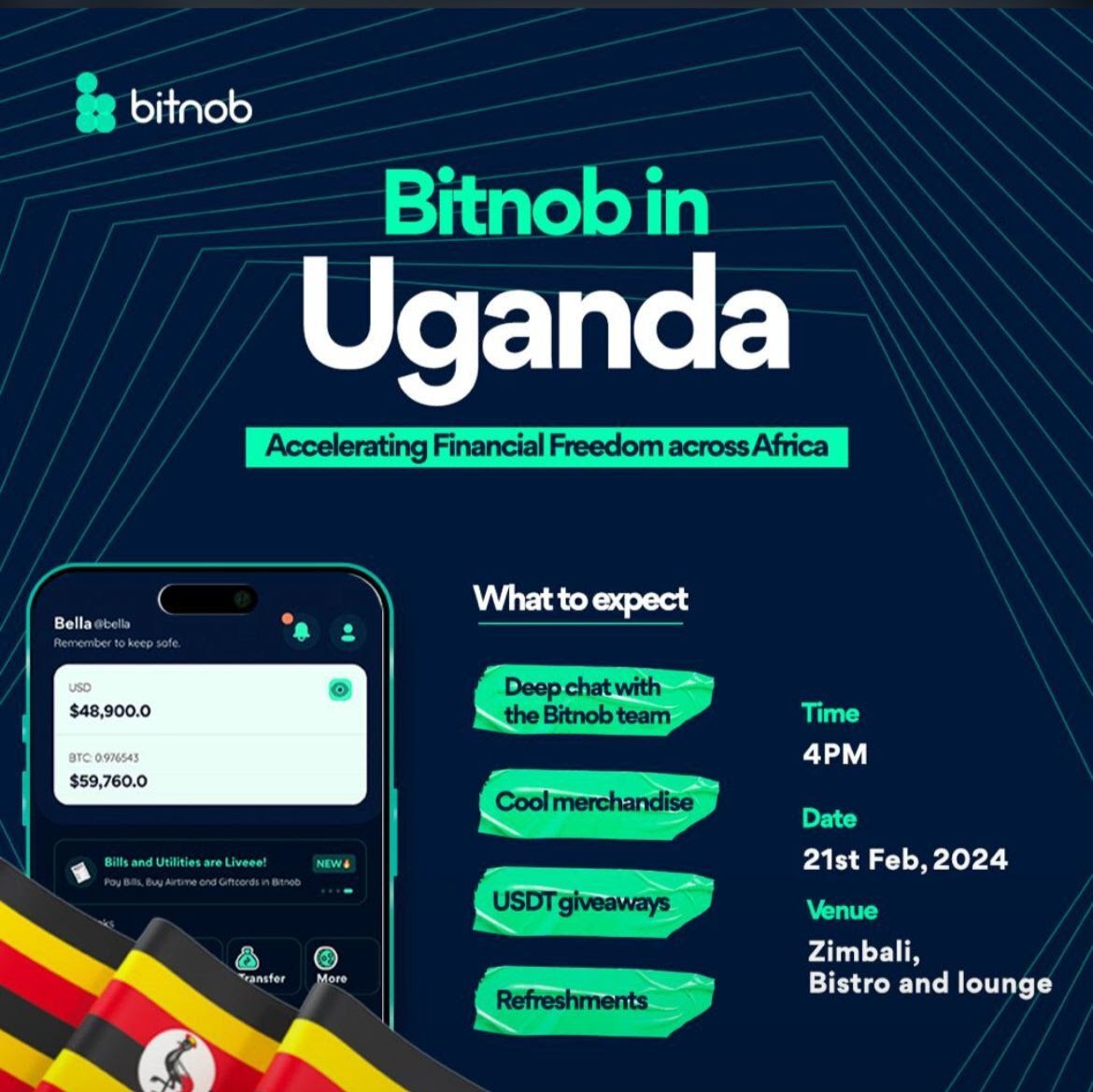 Bitnob in Kampala 🔥 🔥 🔥 

21st Feb 🗓 
At Zimbali and Bistro 📍
4pm 🕓

You can't afford to miss this🔥

Come and learn, network with people in the community and be part of the Digital transformation

@Bitnob_official  #Bitcoin