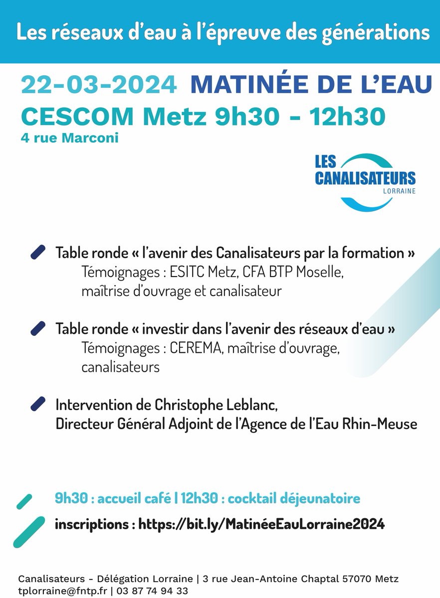 Fédération des TP Lorraine ⚠️ (@ftp_lorraine) on Twitter photo Les Membres de la Délégation <a href="/Canalisateurs/">Les Canalisateurs</a> de Lorraine seraient heureux de vous retrouver lors de leur💧 𝑴𝒂𝒕𝒊𝒏𝒆́𝒆 𝒅𝒆 𝒍’𝑬𝒂𝒖 💧
le 22 mars 2024, dès 9h30 au CESCOM de Metz (4 rue Marconi)
➡️ N’hésitez pas à vous inscrire jusqu’au 15 mars : lnkd.in/ghrpigAX Les Membres de la Délégation <a href="/Canalisateurs/">Les Canalisateurs</a> de Lorraine seraient heureux de vous retrouver lors de leur💧 𝑴𝒂𝒕𝒊𝒏𝒆́𝒆 𝒅𝒆 𝒍’𝑬𝒂𝒖 💧
le 22 mars 2024, dès 9h30 au CESCOM de Metz (4 rue Marconi)
➡️ N’hésitez pas à vous inscrire jusqu’au 15 mars : lnkd.in/ghrpigAX