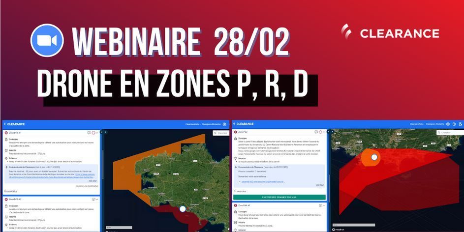 Prochain Webinaire dans quelques jours 😊  
Vision sur les zones Réglementées, Dangereuses et Interdites ! 

Inscrivez vous ici  buff.ly/3SFM5k9 

#drone #ClearanceAero #ReglementationDrone