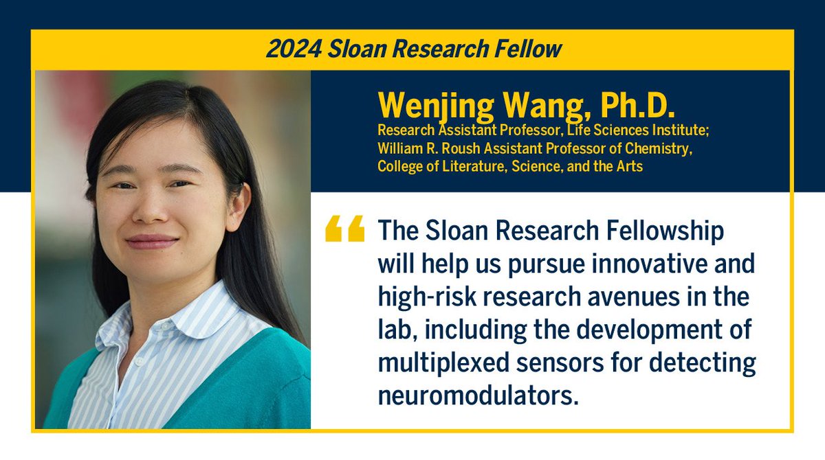 Congratulations to Wenjing Wang (@wenjingwanglab), who has been named a 2024 Sloan Research Fellow! This fellowship from the @SloanFoundation recognizes “outstanding early-career faculty who have the potential to revolutionize their fields of study.” news.umich.edu/three-universi…