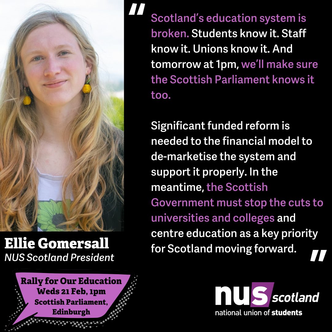 📢'The Scottish Government needs to rethink its slashing of education budget' 🗞️Read @elliebgomersall's column: thenational.scot/news/24130074.… 🪧And join NUS & Trade Unions, students & staff at the Rally for Our Education tomorrow outside the Scottish Parliament at 1pm #StoptheCuts