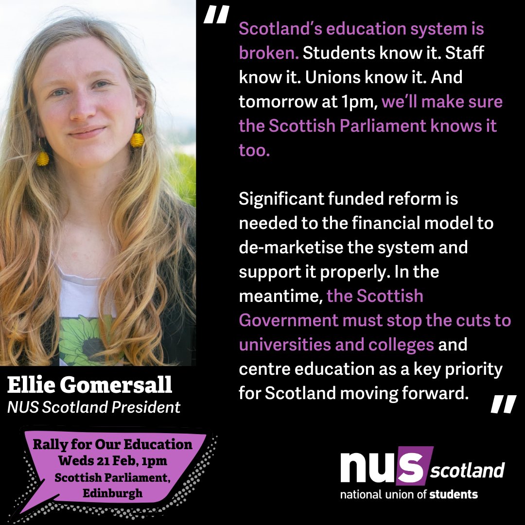 NUSScotland's tweet photo. 📢"The Scottish Government needs to rethink its slashing of education budget"

🗞️Read @elliebgomersall's column: https://t.co/fumKAEqo2u

🪧And join NUS &amp; Trade Unions, students &amp; staff at the Rally for Our Education tomorrow outside the Scottish Parliament at 1pm #StoptheCuts https://t.co/AWJp9qI0SP