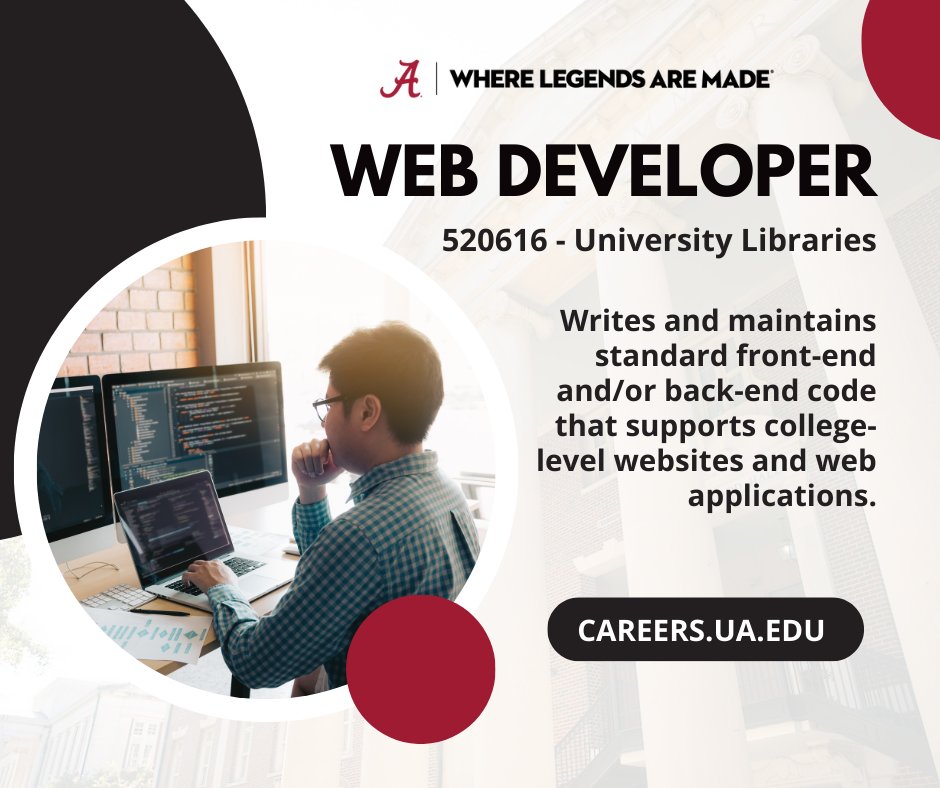 The Web Developer I writes and maintains standard front-end and/or back-end code that supports college-level websites and web applications.

For more information and to apply:
bit.ly/UAJobs520616

#UAJobs #rolltide #UA #NowHiring #Work4UA #jobs4vets