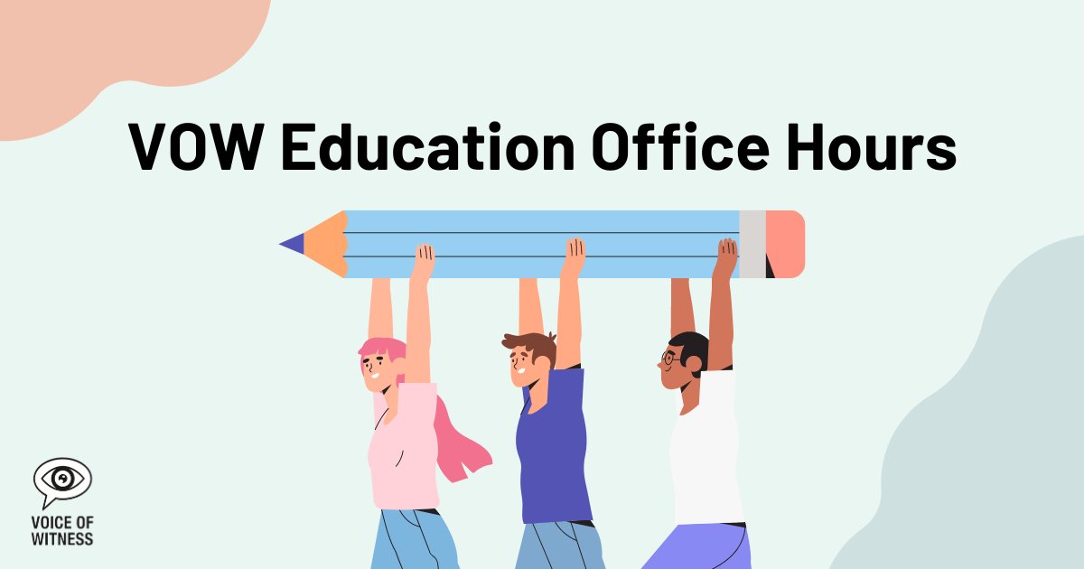 TODAY: Join us at our virtual office hours at 4pm PT / 7pm ET.

Educators interested in bringing oral history to their classrooms can drop in to ask questions and brainstorm. All are welcome!

#OralHistory #EdChat #SEL #ELL 

Register for link: 
voiceofwitness.org/education-offi…