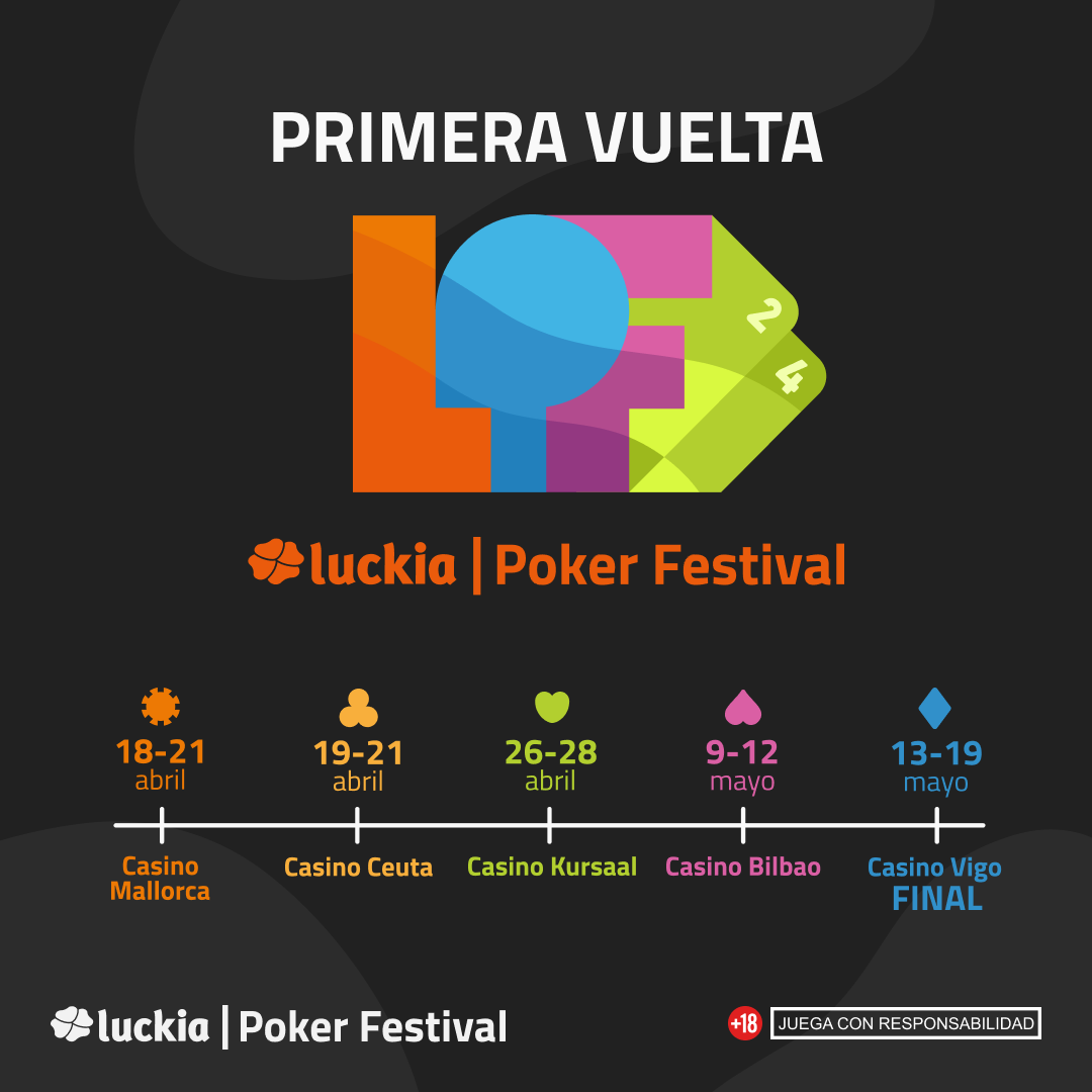 LuckiaPokerFest's tweet photo. ¡Guárdate estas fechas, el LPF24 comienza este mes de abril!🥳
▶️ El 18 de abril empezaremos nuestra ruta de poker en Casino Mallorca, seguidos por Ceuta, Kursaal y Bilbao, para finalizar en Vigo del 13 al 19 de mayo 😍
¿Quién se apunta?😎
#LPF24 #LuckiaPokerFestival https://t.co/PjCoLGEcDl