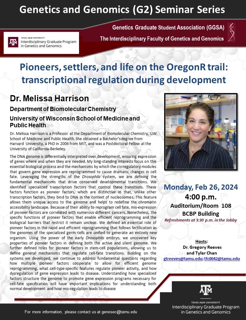 Our next G2 Seminar is this coming Monday, Feb. 26 at 4pm in BCBP 108 with Dr. Melissa Harrison from the University of Wisconsin School of Medicine & Public Health. 'Pioneers, settlers, and life on the OregonR trail: transcriptional regulation during development' Don't miss her!