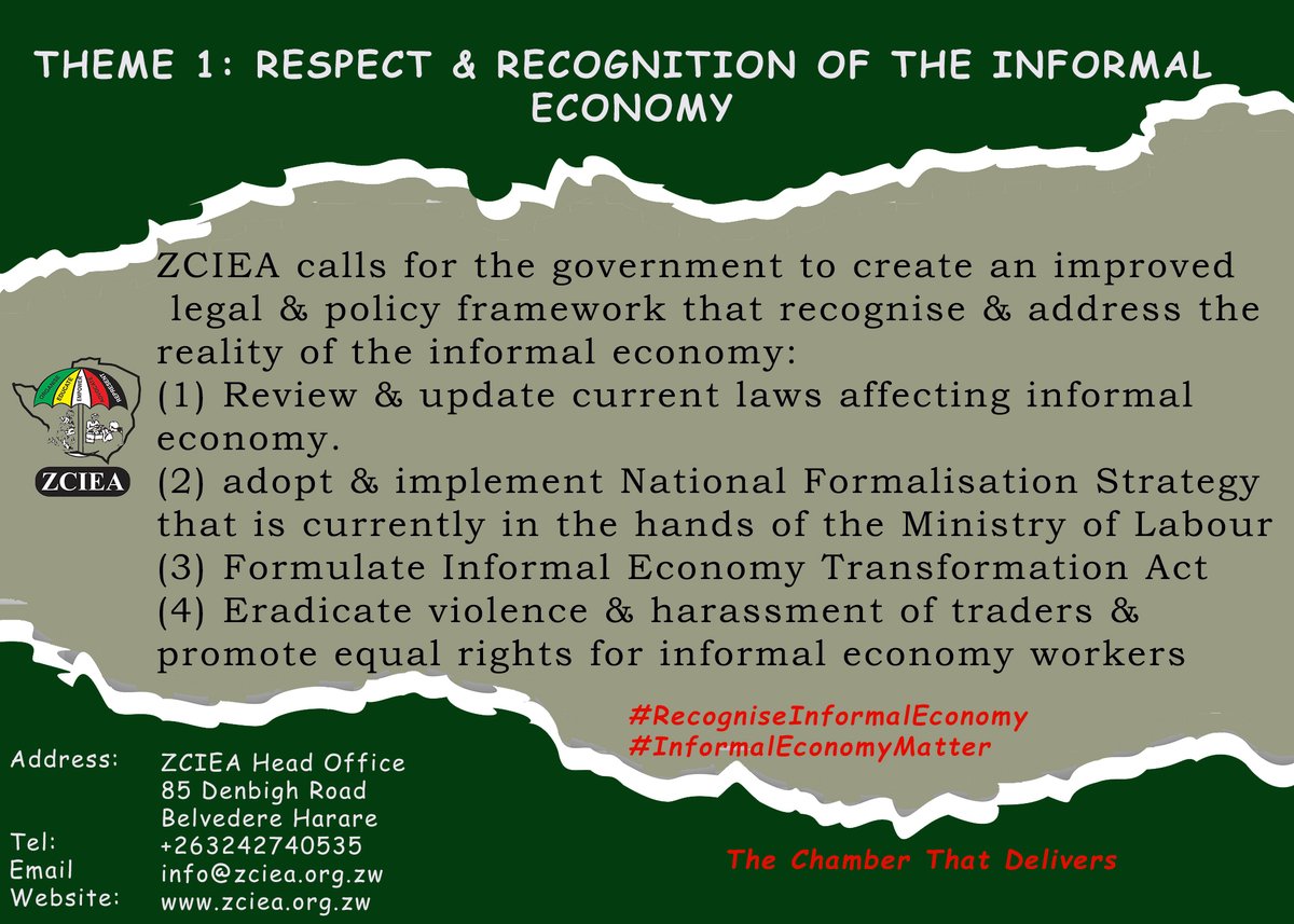 ZCIEA (@zcieazim) on Twitter photo Do You Know?
The first step towards meaningful formalisation of the informal economy is Respect and Recognition of the Informal Economy.
#RecogniseInformalEconomy
#InformalEconomyMatters
#ImplementNationalFormalisationStrategy
<a href="/iloharare/">ILO Harare</a> @OMpslsw <a href="/Streetnet1/">StreetNet International</a> <a href="/WCOZIMBABWE/">Women's Coalition of Zimbabwe</a> Do You Know?
The first step towards meaningful formalisation of the informal economy is Respect and Recognition of the Informal Economy.
#RecogniseInformalEconomy
#InformalEconomyMatters
#ImplementNationalFormalisationStrategy
<a href="/iloharare/">ILO Harare</a> @OMpslsw <a href="/Streetnet1/">StreetNet International</a> <a href="/WCOZIMBABWE/">Women's Coalition of Zimbabwe</a>
