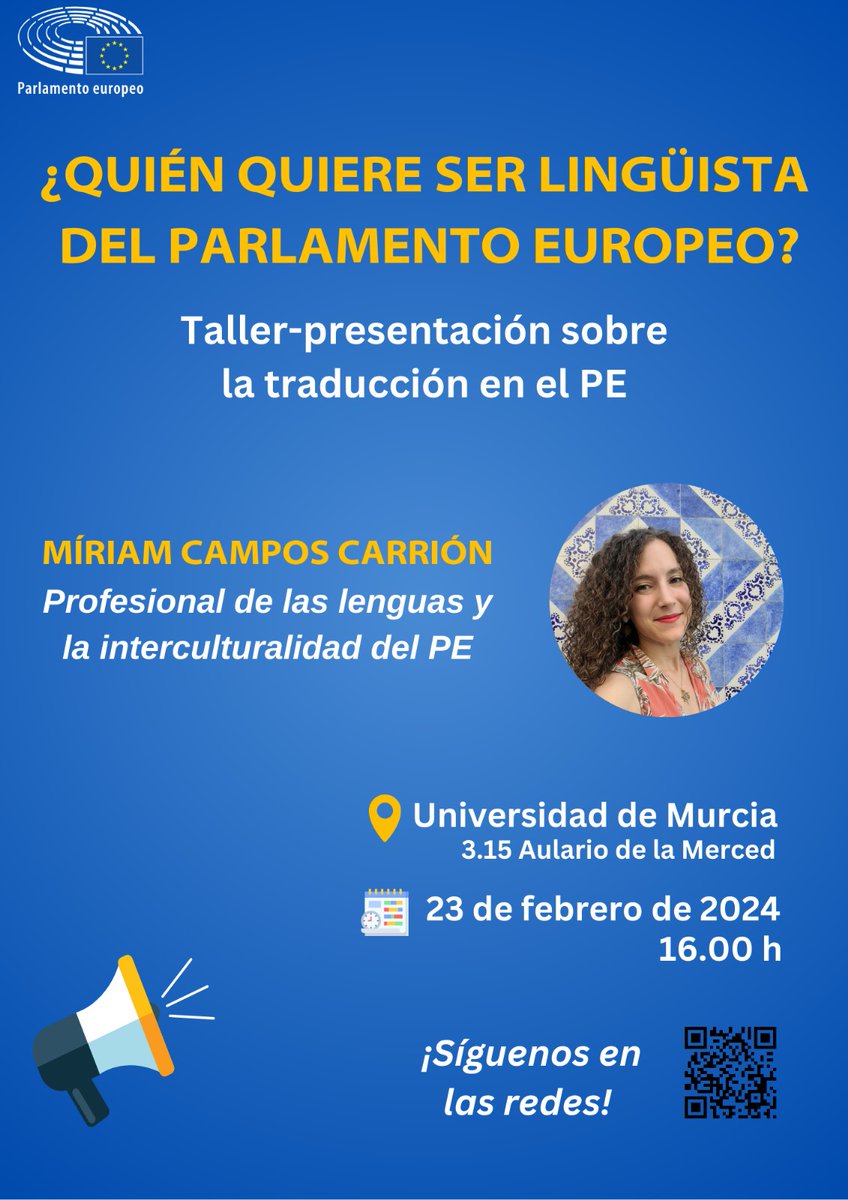 El mismo día contaremos con Míriam Campos Carrión, profesional de las lenguas y la interculturalidad del Parlamento Europeo, que impartirá un taller-presentación sobre la traducción en dicho organismo. Os esperamos a las 16 h en el aula 3.15 del Aulario de la Merced⬇️