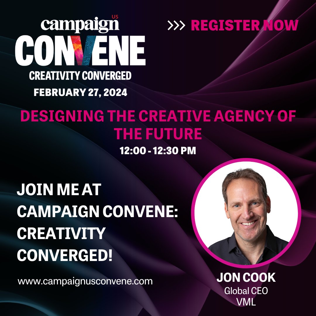 vml_global's tweet photo. Don't miss our Global CEO, @JonCookVML, at #CampaignUSConvene next week!

He will join a fireside chat with @jaypattisall, @Forrester’s Vice President, Principle Analyst, where they will explore designing the creative agency of the future.

Learn more: https://t.co/tJVCC3NPeT https://t.co/8Eu5RVckDm
