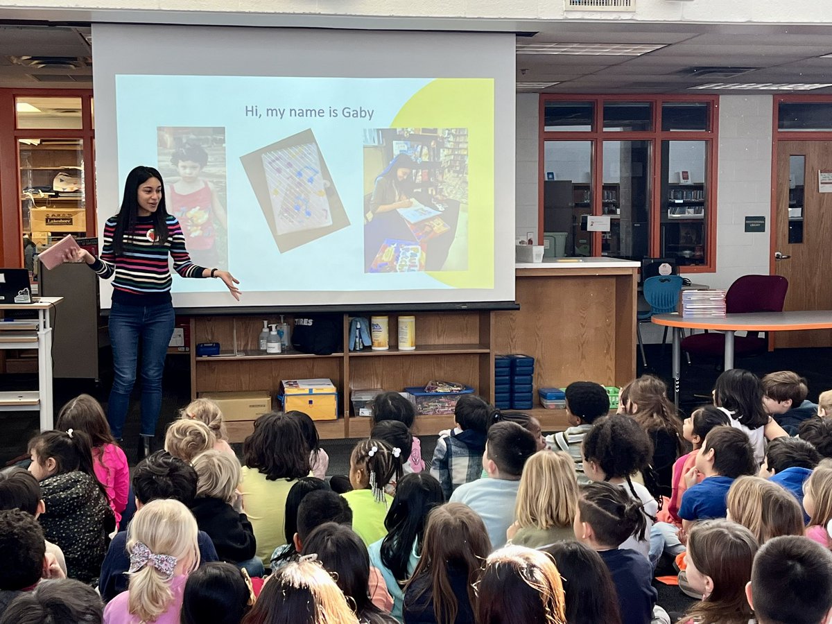 So happy to have @write_between , author Gaby Aldeman, talk with our K-3rd students today!