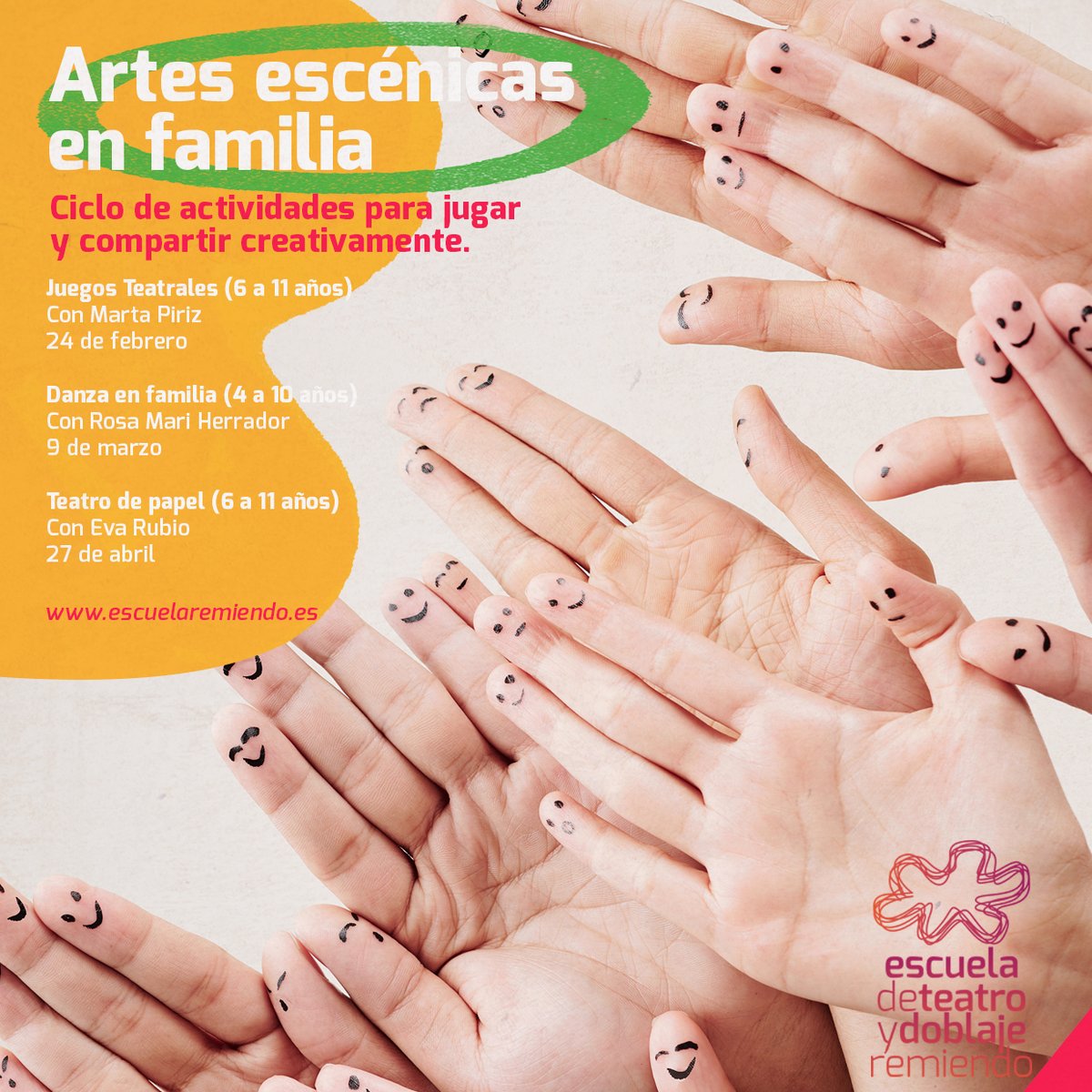 Artes escénicas en familia.

Ciclo de actividades para jugar y compartir creativamente:
Juegos teatrales (24 febrero), Danza en familia (9 marzo) y Teatro de papel (27 abril).

Un sábado al mes, por la tarde.

Más información en: 
escueladeteatroengranada.es/monograficos/a…
