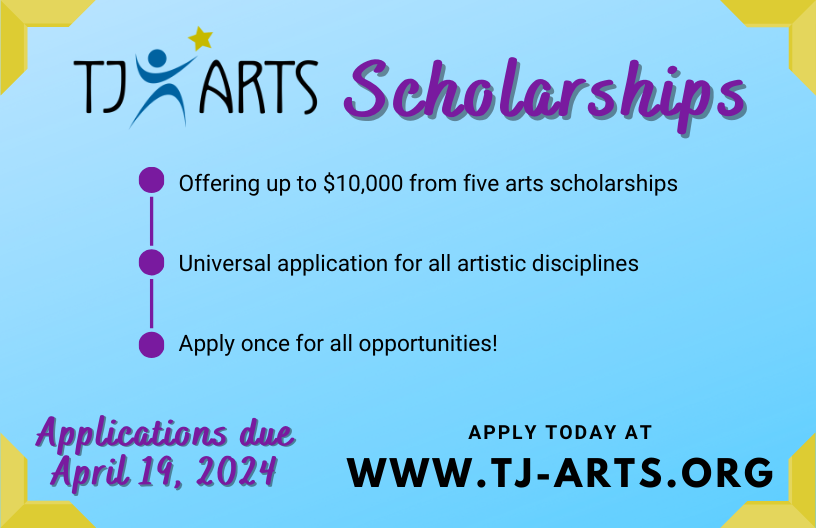 TJ_Arts09's tweet photo. We are excited to announce that our scholarship application is now available to graduating TJHS seniors in the arts! Up to $10,000 will be given this spring from five scholarships. Applications due Friday, April 19. Apply today! https://t.co/YbWN804ILJ https://t.co/fiZrYz8YFc