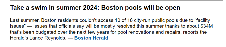 Nicole Apostola (@niccommawoo) on Twitter photo Boston, population 675k, has 18 city-run pools.
Worcester, population 206k, has...one.
(via <a href="/MASSterList/">MASSterList</a>) Boston, population 675k, has 18 city-run pools.
Worcester, population 206k, has...one.
(via <a href="/MASSterList/">MASSterList</a>)