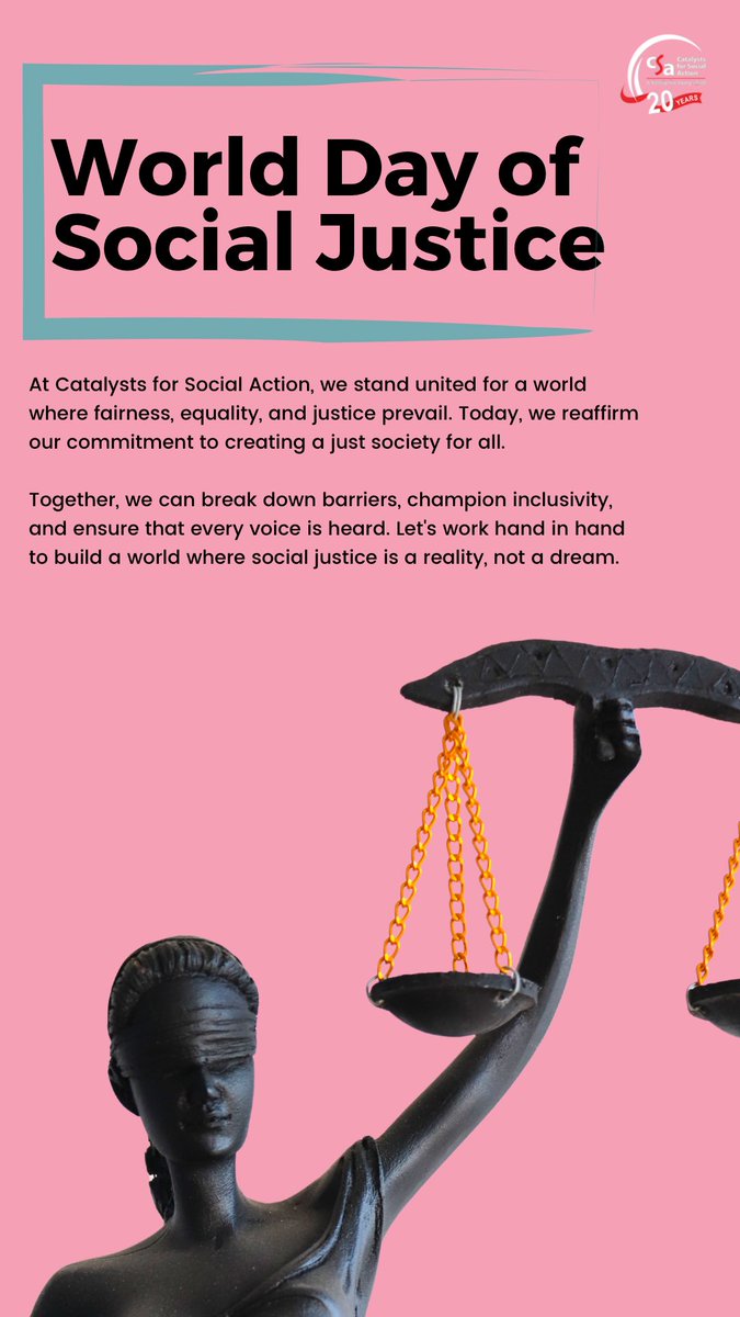 Balancing the Scales of Equality - Celebrating World Day of Social Justice 🌐⚖️

#WorldDayofSocialJustice #SocialEquity #FairnessForAll #JusticePrevails #EqualityMatters #StandForJustice #TogetherForJustice #ScalesOfEquality #CSA #CatalystsForSocialAction