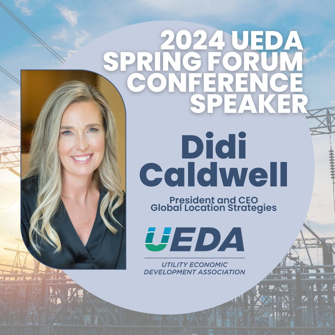 🚨 🎙 UEDA Spring Forum Speaker Announcement! 

Join UEDA this April in New Orleans and hear from Didi Caldwell, President and CEO of Global Location Strategies. 

Registration is open here:  utilityeda.com/events-educati…

#UEDA #UEDASpringForum #Utilities #EconomicDevelopment